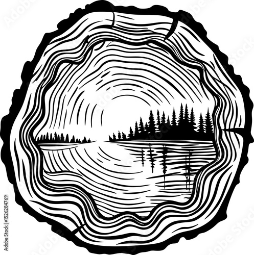Tree ring cross section with scenic forest landscape and lake reflection, nature illustration concept