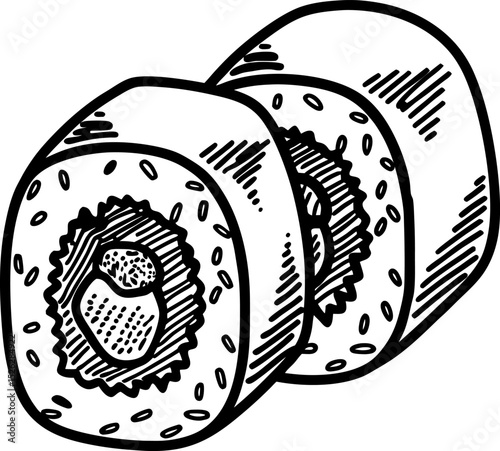 Hand drawn sushi rolls sketch japanese cuisine illustration, traditional rice seaweed snack with fish filling