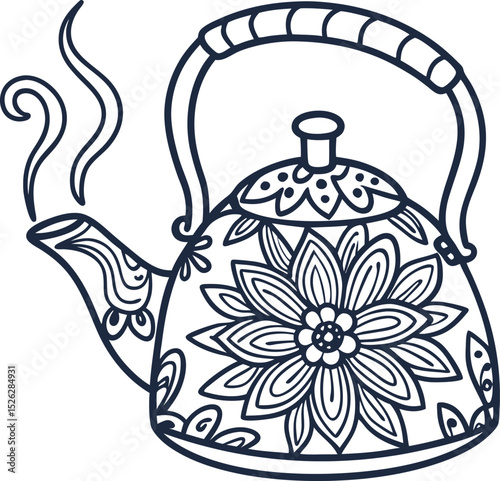 Ornate floral patterned teapot with steam, decorative illustration of elegant retro kitchenware utensil