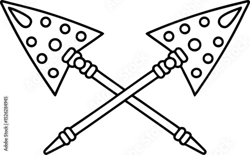 Crossed decorative arrows with dotted triangular tips, black outline isolated on white, tribal  symbol