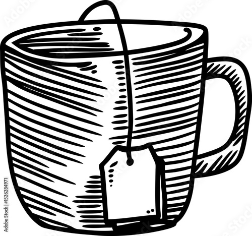Hand drawn tea cup with tea bag illustration monochrome sketch of hot beverage mug, simple line art