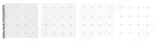 White abstract grid variations with black plus signs and dotted guides for calibration, measurement, engineering planning, data layout, and modern technology background use