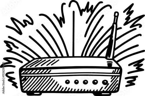 Wireless internet router emitting signal waves hand drawn sketch of wifi device, networking equipment illustration