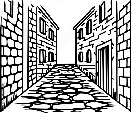 Narrow cobblestone alleyway with old stone buildings, empty street, historical architecture, hand drawn outline