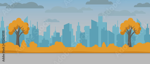 City silhouette features blue buildings and orange autumn trees for a unique panoramic skyline.