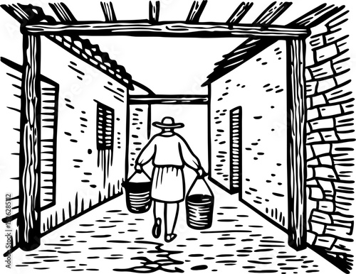 Woman carrying water buckets in rural village alley hand drawn sketch, traditional countryside lifestyle scene
