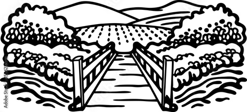 Wooden bridge across river with rural landscape, bushes, and distant hills nature path, countryside scenery illustration