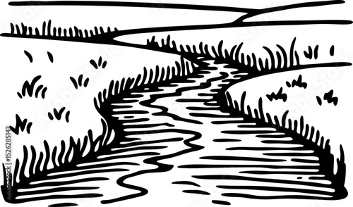 Winding river landscape illustration black and white riverbank scene with flowing water, grass, and open field nature