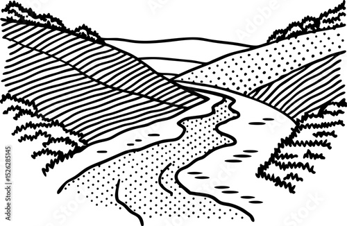 River winding through rolling hills, hand drawn line art landscape with trees and shrubs, nature sketch