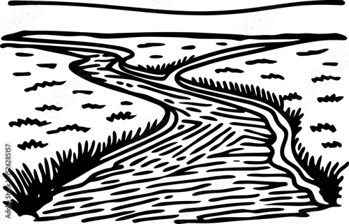 Winding river with grassy banks, black and white landscape sketch drawing, natural scenic view illustration