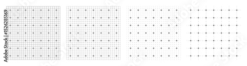 Black and white digital grid set with square outlines, cross markers, and fine spacing guides used in interface design, engineering plans, UI mockups, and modern tech frameworks