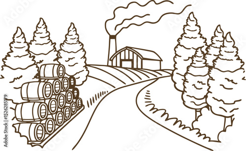 Rural distillery landscape with whiskey barrels, pine trees, factory building and smoking chimney outline scene
