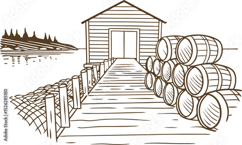 Old wooden dock with barrels and rustic warehouse by the water, vintage rural coastal scene illustration