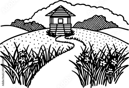 Countryside cabin with winding path and mountain view rural nature scenery, field grasses, peaceful retreat landscape