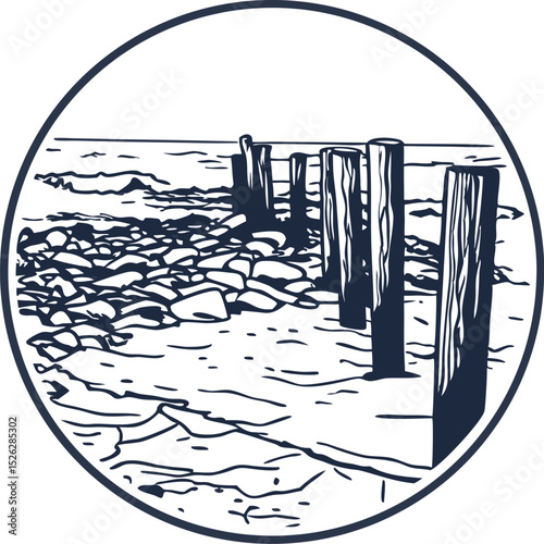 Seaside wooden groyne structure, rocks and gentle waves on sandy beach coastal erosion barrier illustration