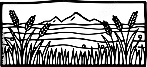 Wheat field and mountain landscape line art rural countryside, agriculture scene with grain and nature elements