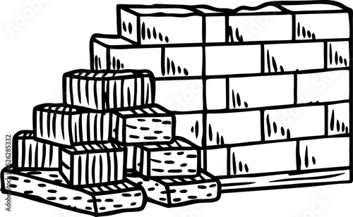 Rectangular stacked bricks with pile of loose bricks in front masonry construction concept, black and white illustration
