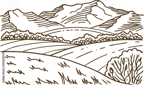 Rolling countryside hills with fields, mountain range background, sketch landscape, rural agriculture scene
