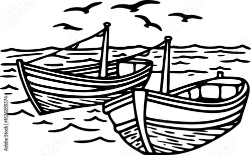 Wooden fishing boats floating on gentle ocean waves, outlined drawing seagulls flying above in calm maritime scene