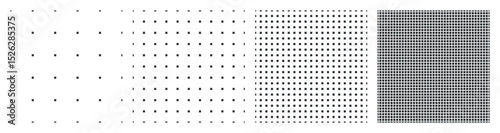 Dotted pattern sheet collection in increasing density black square dots on white background geometric grid design for planner bullet journal notebook paper or digital backgrounds clean minimal layout