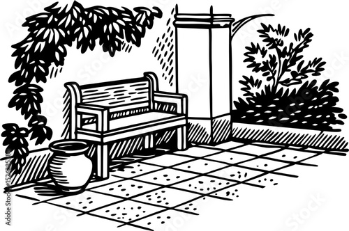 Wooden garden bench with potted plant, leafy vine and tiled patio outdoor relaxation area, hand drawn illustration