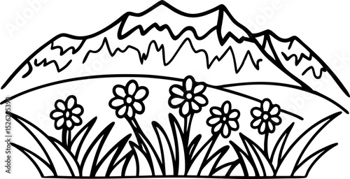 Mountain landscape with blooming wildflowers in foreground nature scenery, hills, floral field illustration