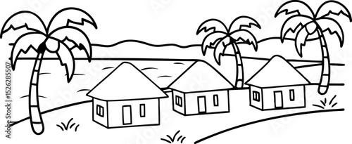 Tropical huts by the seaside with palm trees simple black and white outline landscape for coloring, nature