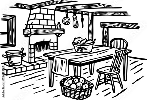 Rustic country kitchen illustration with wooden beams, stone fireplace, baskets of vegetables, and simple furniture