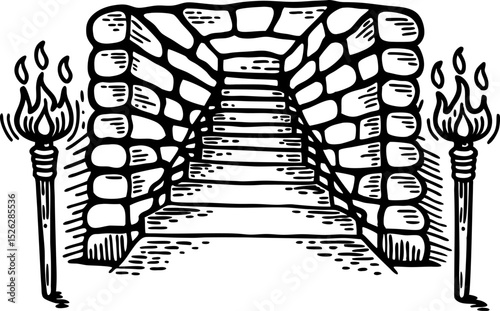Ancient stone staircase with arched entrance and torches, historic architectural passageway, mysterious old steps