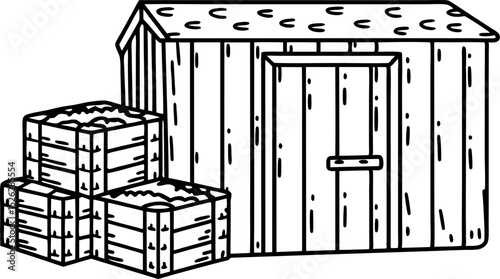 Wooden storage shed with stacked crates simple rustic structure for tools, gardening, or agricultural supplies
