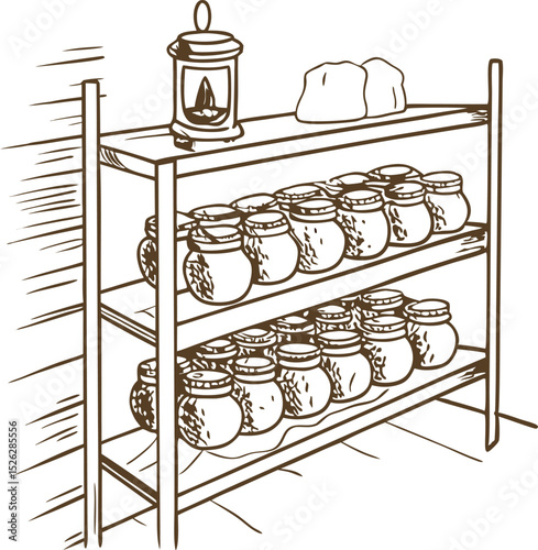 Glass jars storage on wooden shelf in pantry rustic kitchen, homemade preserves, food organization, minimal line art