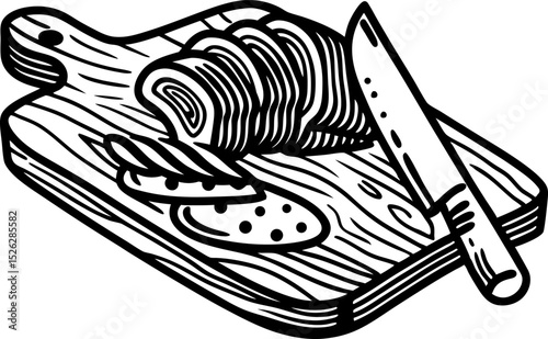 Sliced bread loaf and knife on wooden cutting board fresh bakery, breakfast preparation, rustic food concept