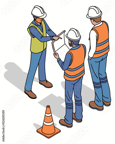 Construction site teamwork concept in isometric style with supervisor guiding foreman during operations, isolated on a white background.