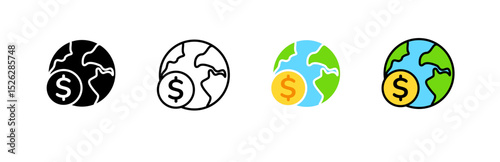 Icon displays various designs of global money exchange, highlighting different styles of currency.