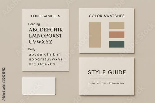 Brand identity style guide layout with font samples and color swatches on neutral background