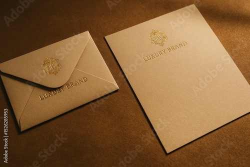Luxury brand stationery mockup with golden logo on envelope and letterhead on brown textured background