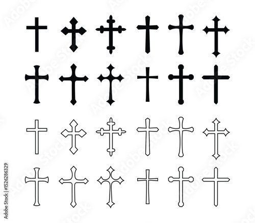Set of Christian Cross Icons – Black and Outline Religious Symbol Collection