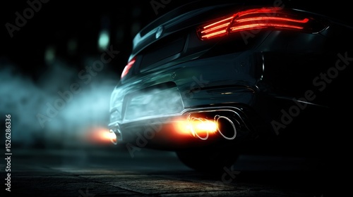 Close-up of car exhaust pipes glowing with flames and smoke at night on dark street perfect for tuning culture visuals, speed and performance themes or automotive marketing
