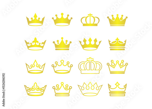 Golden Crown Icons Set – Royal Symbols and Monarchy Emblems in Flat Style