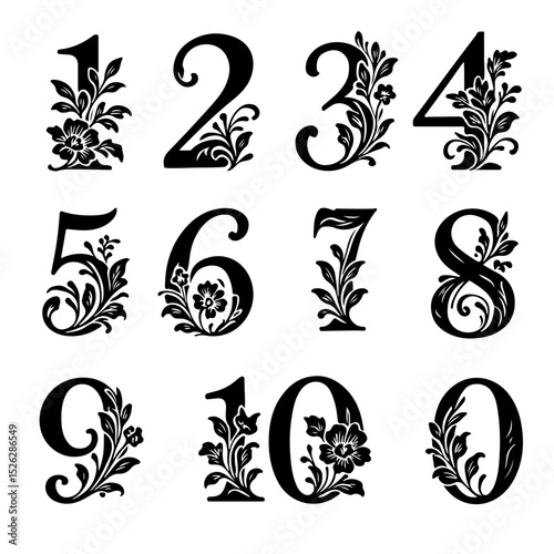 Floral number set on a transparent background for design and decoration purposes