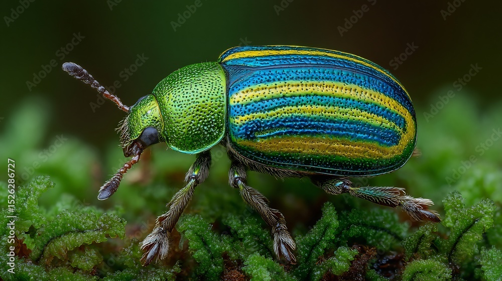 Fototapeta premium Vibrant Jewel Beetle on Moss: A Macro Photography Masterpiece