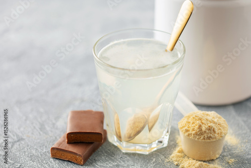 Protein water in glass. Fitness food and drink.