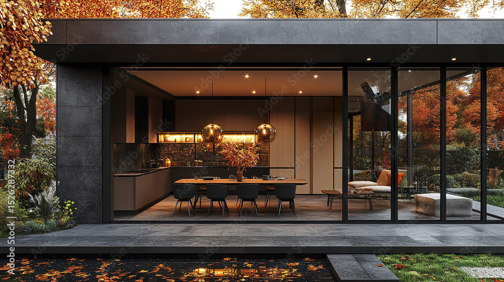 Cozy modern dining space with glass doors and autumn foliage creating warm atmosphere Cozy modern dining space with glass doors and autumn foliage creating warm atmosphere