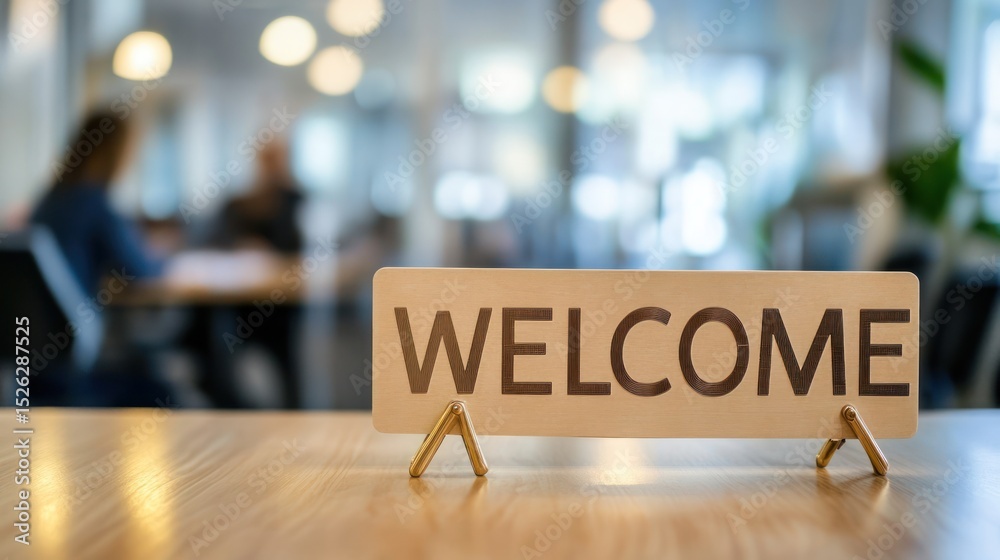 Fototapeta premium Welcome sign on a table in a modern office