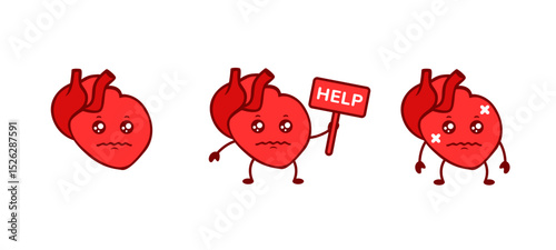 Three cartoon hearts show emotions, including sadness and seeking help, conveying expressive feelings.