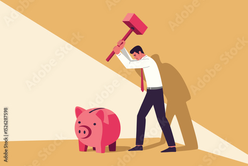 financial crisis, businessman holding hammer and smash piggy bank money, cartoon vector 