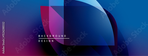 Abstract background features vibrant blue, purple gradients. Overlapping shapes create dynamic visual effect. Modern design elements present.