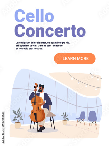 Cello player performing concert modern interior audience chairs plants large windows flat design landing page