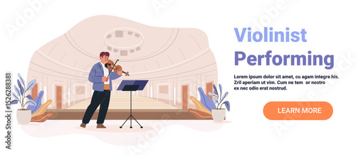 Violinist performing concert hall stage music recital audience chairs potted plants elegant architecture flat design website banner