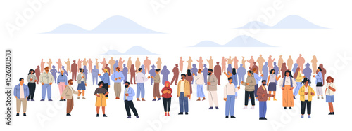 Diverse crowd people standing together community gathering outdoor group conversation casual clothing flat design